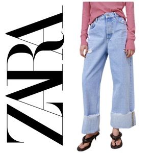 Zara Wide Leg Low Rise Loose Jeans with Turn Up Hem Size 36 New With Tags